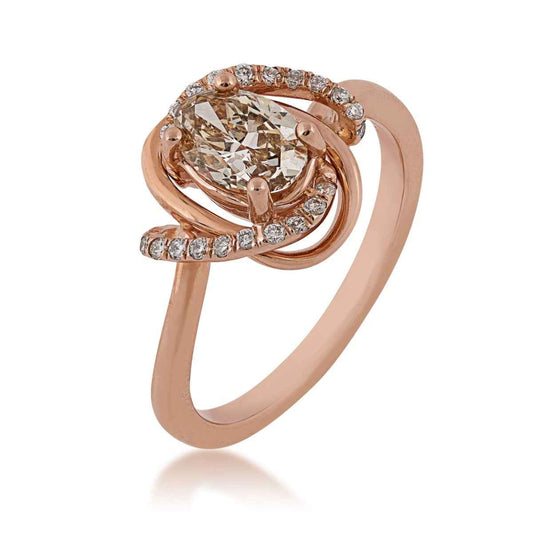 Mocha Lux 9/10 ct. tw. Oval Mocha Ring with White Diamond Swirl Halo in 14K Pink Gold front view