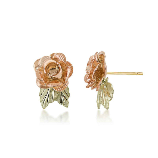 Black Hills Gold Rose & Leaf Earrings in 12K Pink Gold