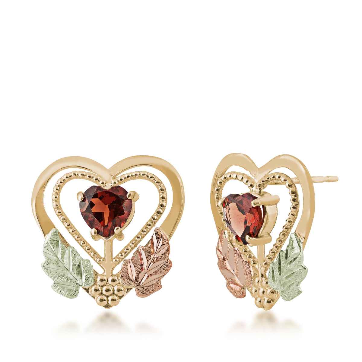 Black Hills Gold Garnet Milgrain Double Heart Earrings in 10K Yellow Gold