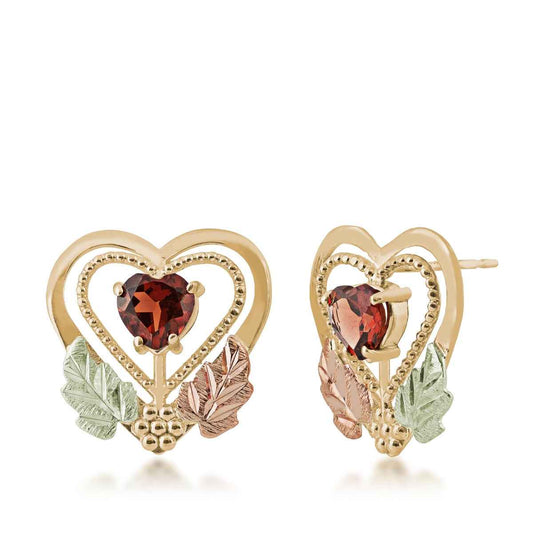 Black Hills Gold Garnet Milgrain Double Heart Earrings in 10K Yellow Gold