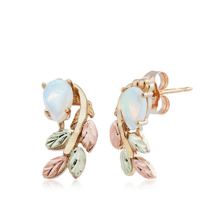 Black Hills Gold Pear Opal & Leaf Branch Earrings in 10K Yellow Gold