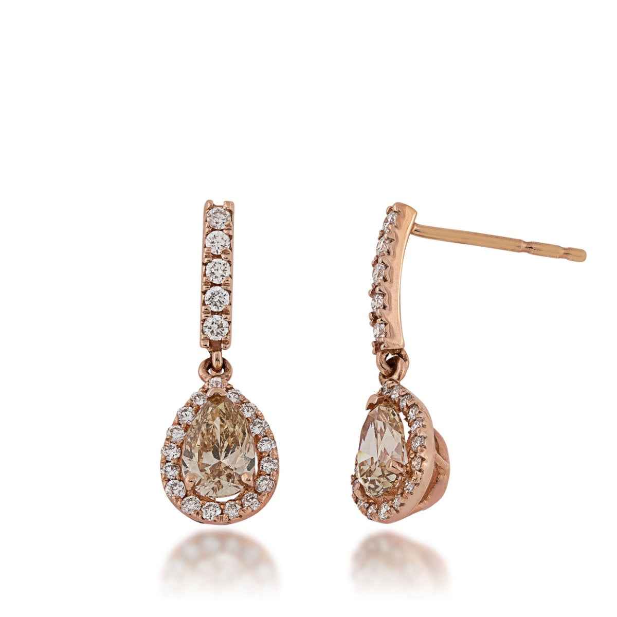 Mocha Lux 1-1/12 ct. tw. Pear Mocha Dangle Earrings with Round Brilliant White Diamond Halo & Bale in 14K Pink Gold