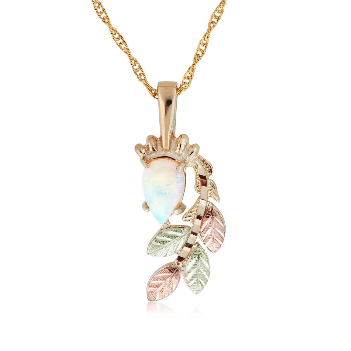 Black Hills Gold Pear Opal & Leaf Branch Pendant in 10K Yellow Gold