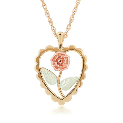 Black Hills Gold Rose in Scalloped Heart Pendant in 10K Yellow Gold