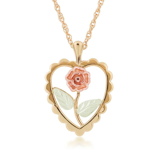 Black Hills Gold Rose in Scalloped Heart Pendant in 10K Yellow Gold