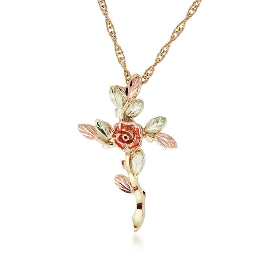 Black Hills Gold Diamond Cut Rose & Leaf Cross Pendant in 10K Yellow Gold