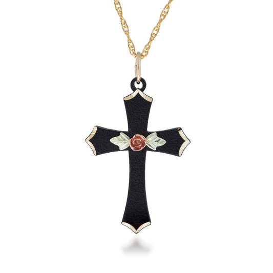 Black Hills Gold Cross & Rose Black Powder Coated Pendant