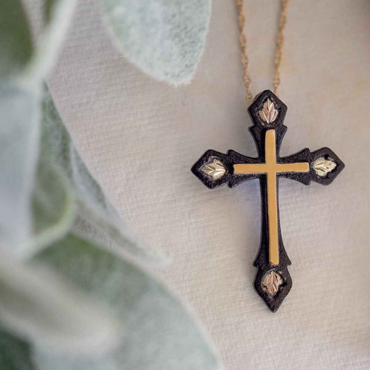 Black Hills Gold Four Leaf Black Powder Coated Cross Pendant front view