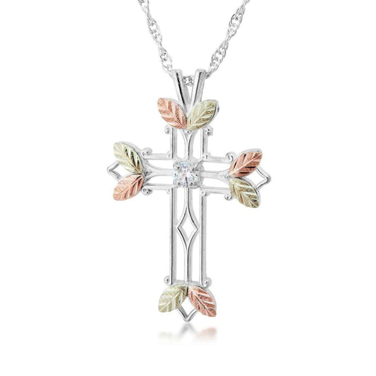 Black Hills Gold Round Cubic Zirconia Open Cross Pendant in Sterling Silver