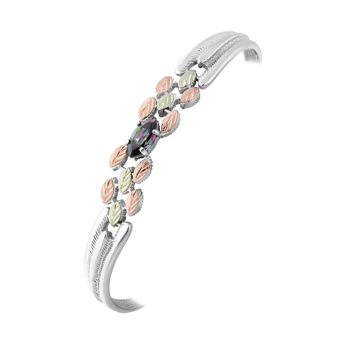 Black Hills Gold Marquise Mystic Fire Topaz & Leaf Bracelet in Sterling Silver front view