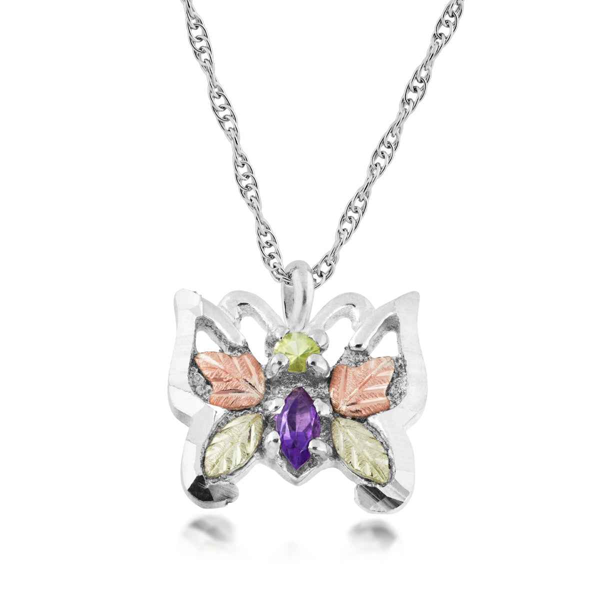 Black Hills Gold Marquise Amethyst & Round Peridot Butterfly Pendant in Sterling Silver