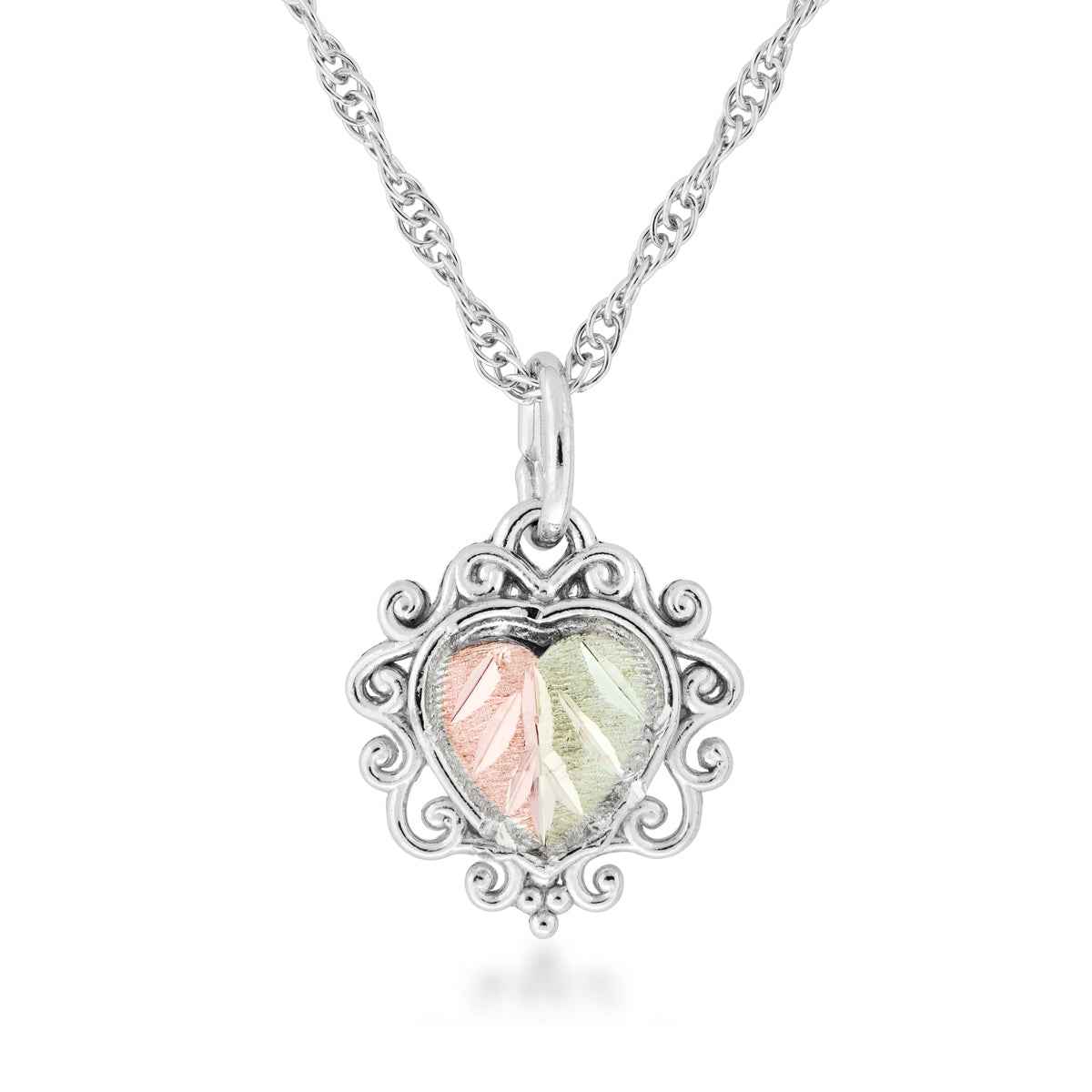 Black Hills Gold Scroll Border Heart Pendant in Sterling Silver