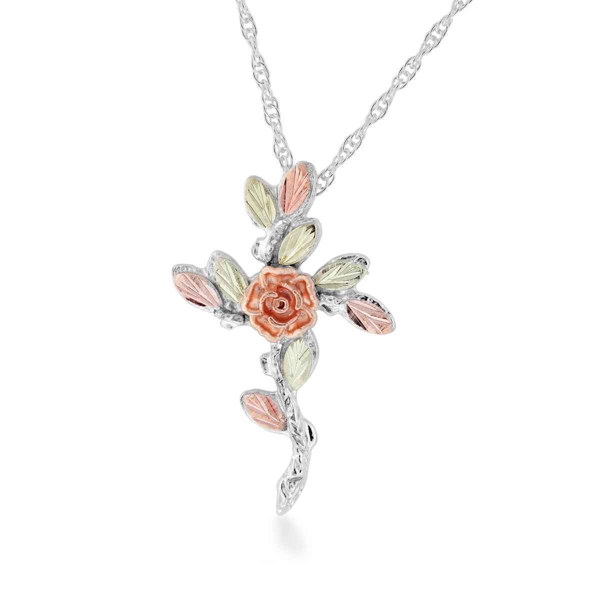 Black Hills Gold Rose & Leaf Cross Pendant in Sterling Silver (2)