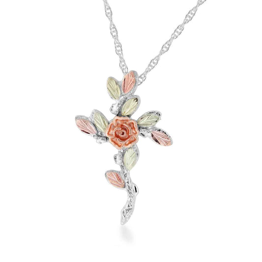 Black Hills Gold Rose & Leaf Cross Pendant in Sterling Silver (2)