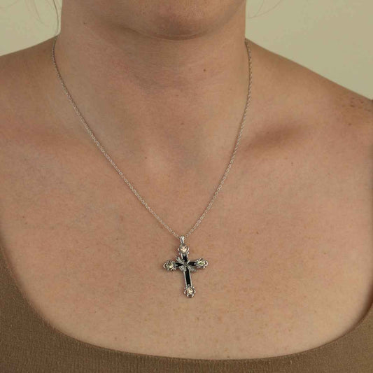Black Hills Gold Antiqued Dove Cross Pendant in Sterling Silver front view