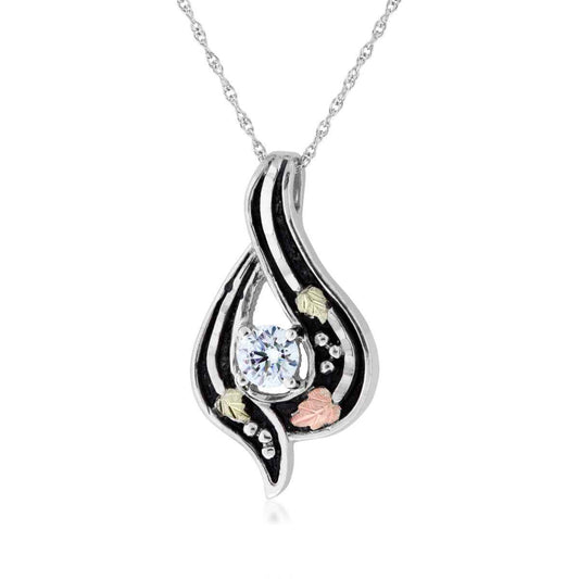 Black Hills Gold Round Cubic Zirconia Antiqued Teardrop Pendant in Sterling Silver