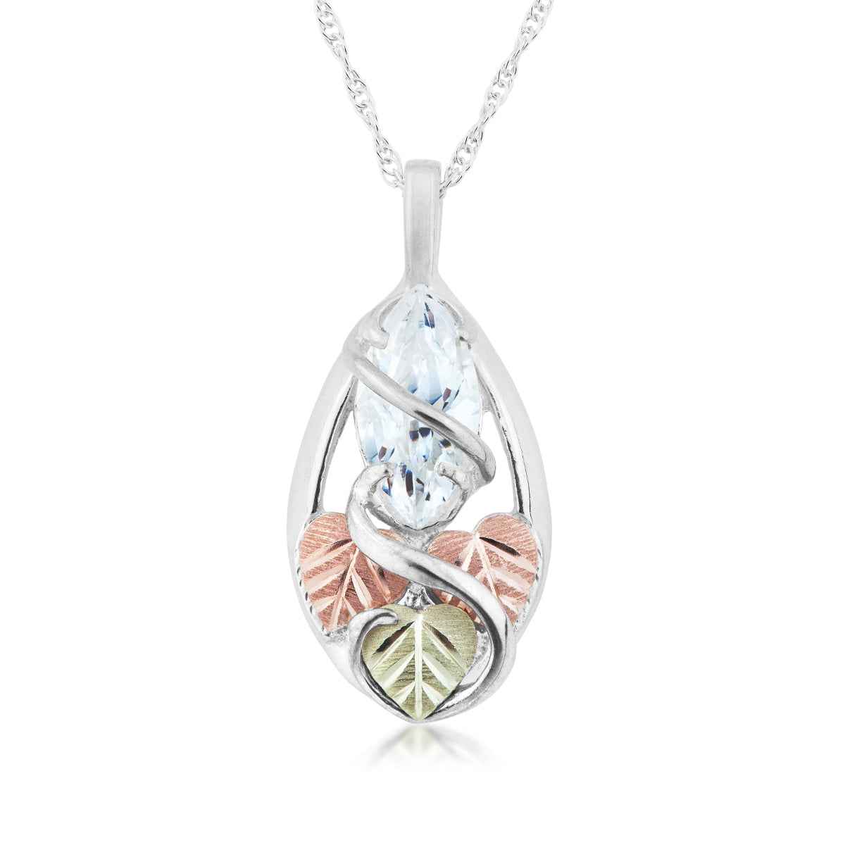 Black Hills Gold Marquise Cubic Zirconia Vine & Leaf Pendant in Sterling Silver