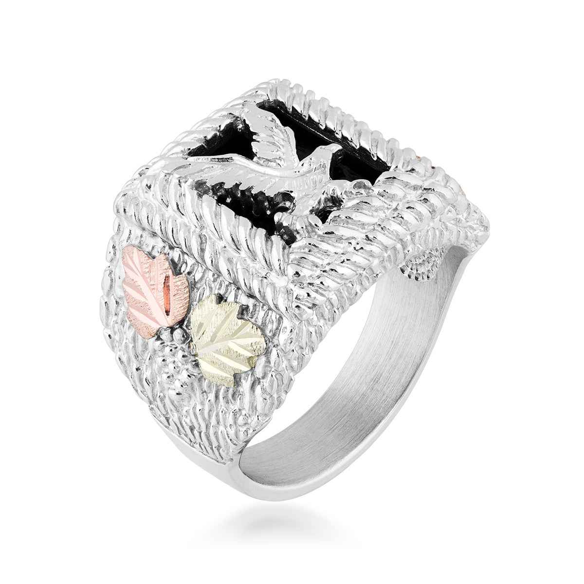 Black Hills Gold Men's Rectangle Onyx Rope Textured Eagle Ring in Sterling Silver front view