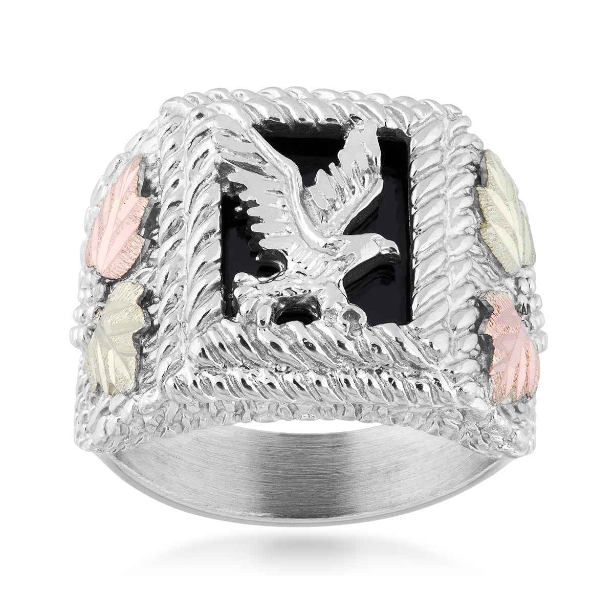Black Hills Gold Men's Rectangle Onyx Rope Textured Eagle Ring in Sterling Silver