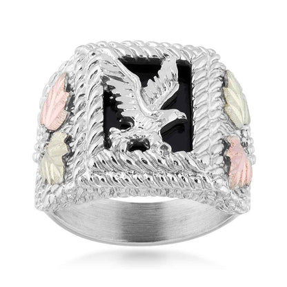 Black Hills Gold Men's Rectangle Onyx Rope Textured Eagle Ring in Sterling Silver