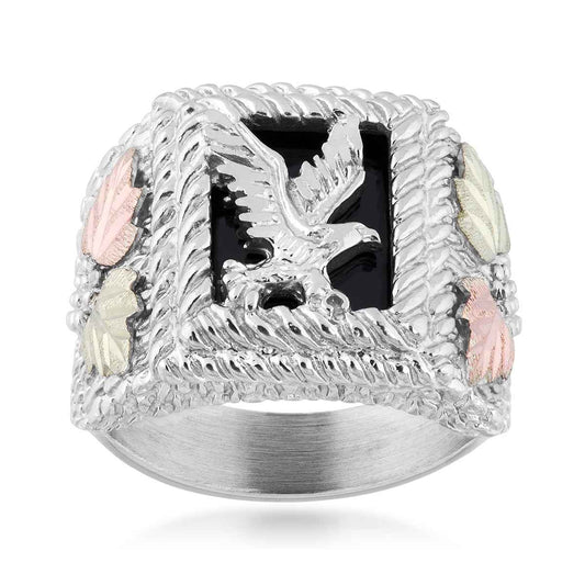 Black Hills Gold Men's Rectangle Onyx Rope Textured Eagle Ring in Sterling Silver