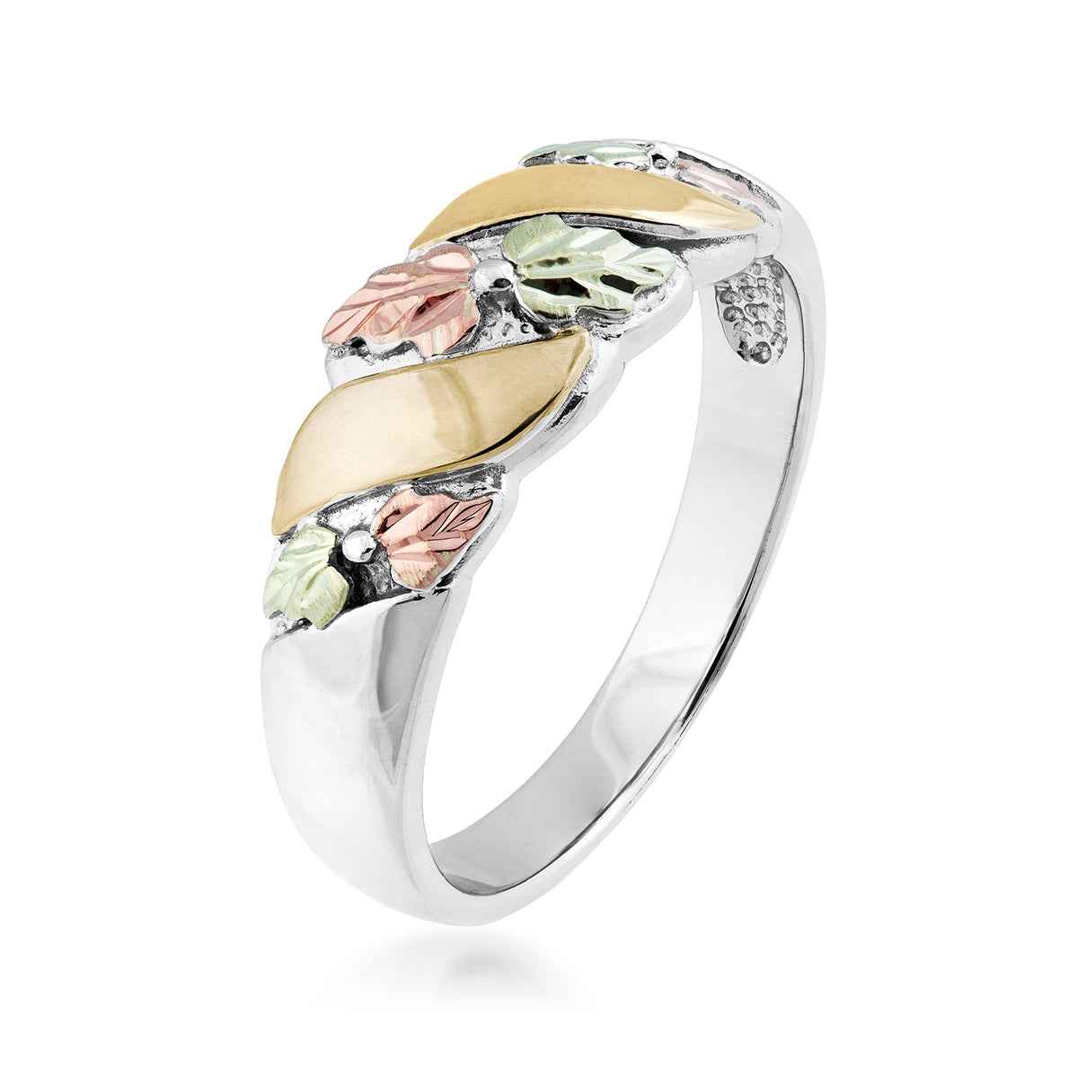 Black Hills Gold Leaf & Gold Stripe Wedding Ring in Sterling Silver & 10K Yellow Gold front view