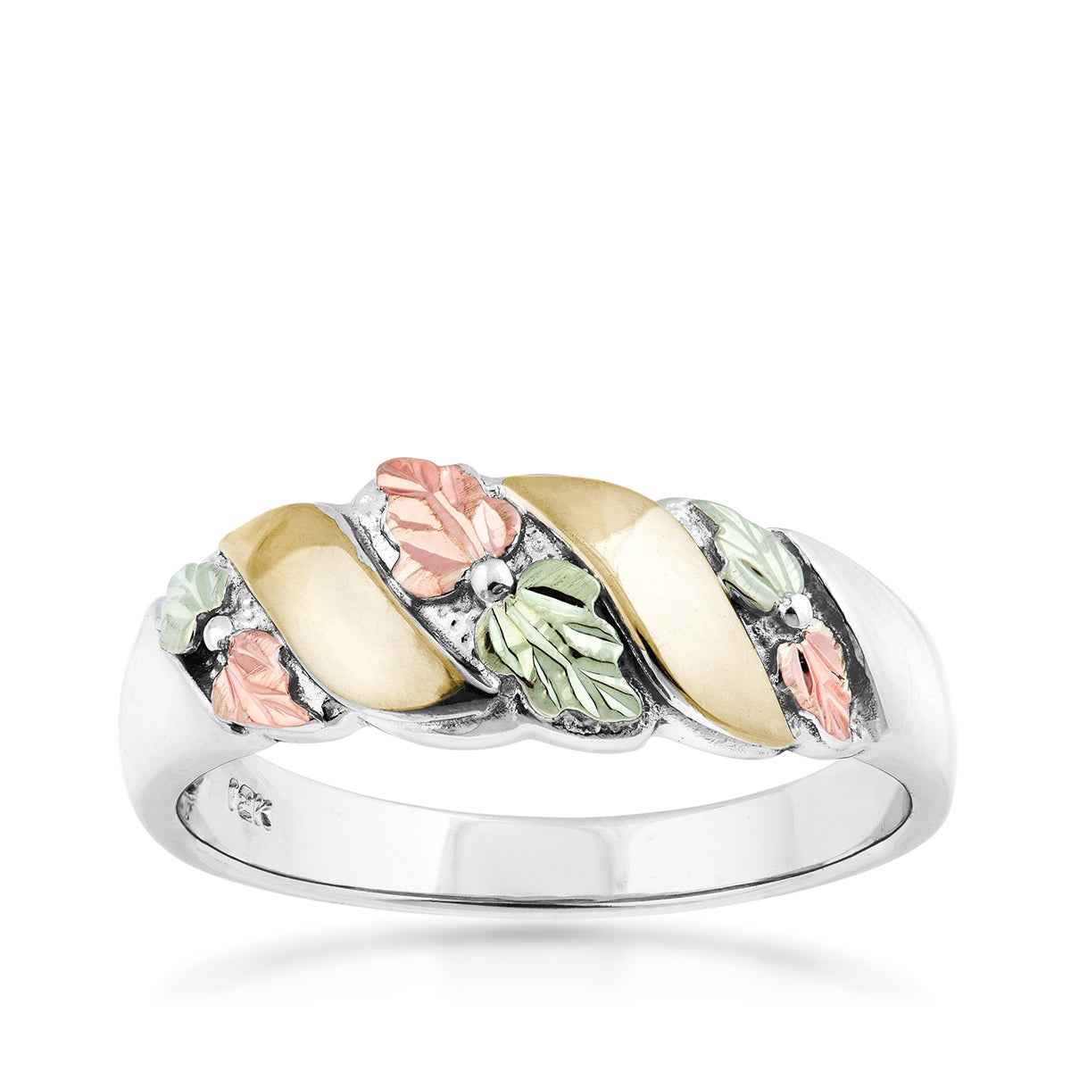 Black Hills Gold Leaf & Gold Stripe Wedding Ring in Sterling Silver & 10K Yellow Gold