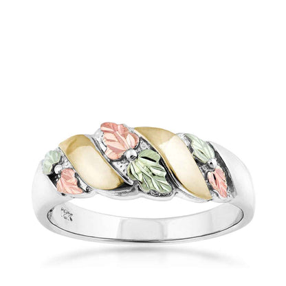 Black Hills Gold Leaf & Gold Stripe Wedding Ring in Sterling Silver & 10K Yellow Gold