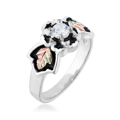 Black Hills Gold Round Cubic Zirconia Antiqued Flower Ring in Sterling Silver front view