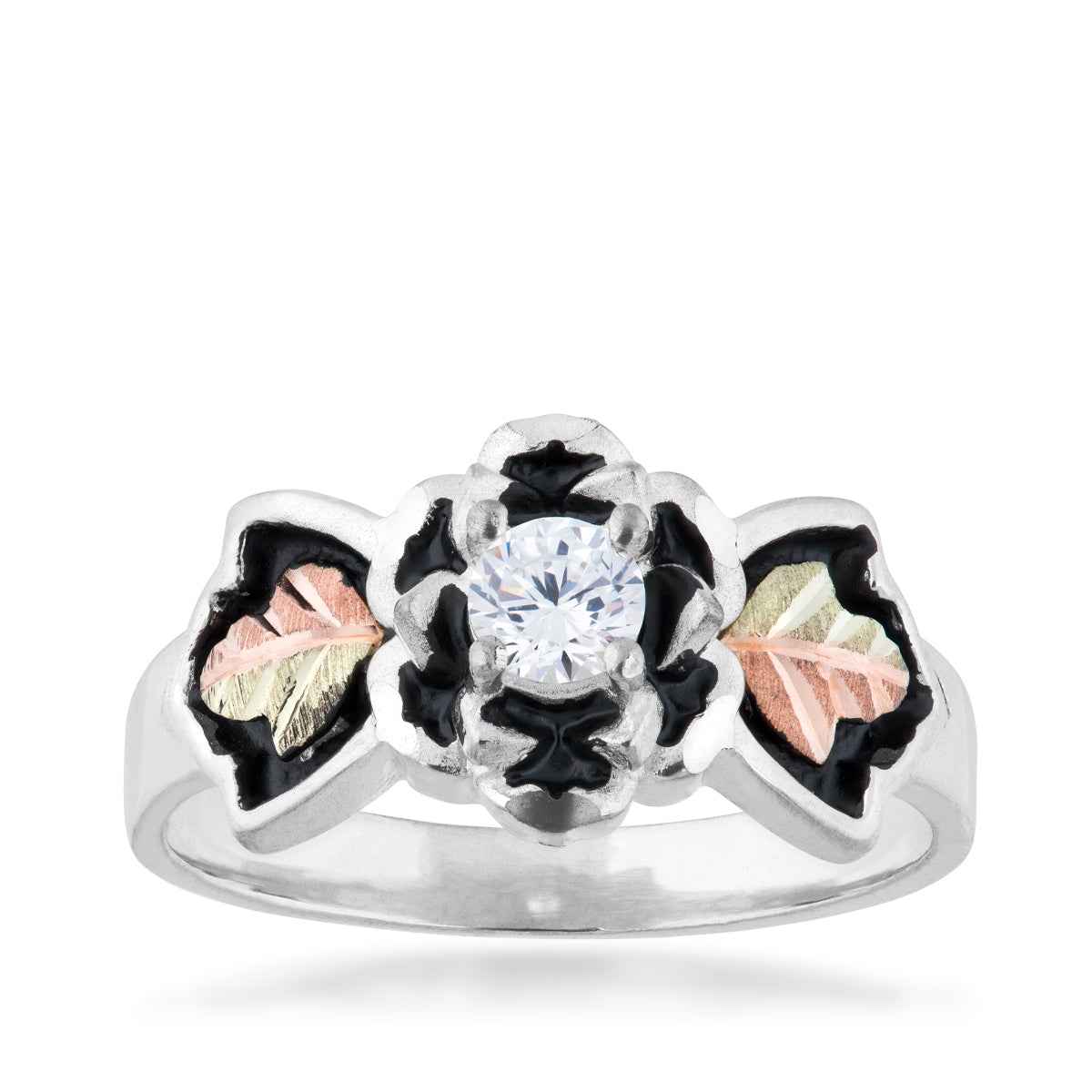 Black Hills Gold Round Cubic Zirconia Antiqued Flower Ring in Sterling Silver
