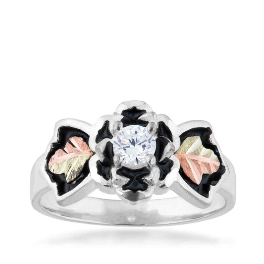 Black Hills Gold Round Cubic Zirconia Antiqued Flower Ring in Sterling Silver