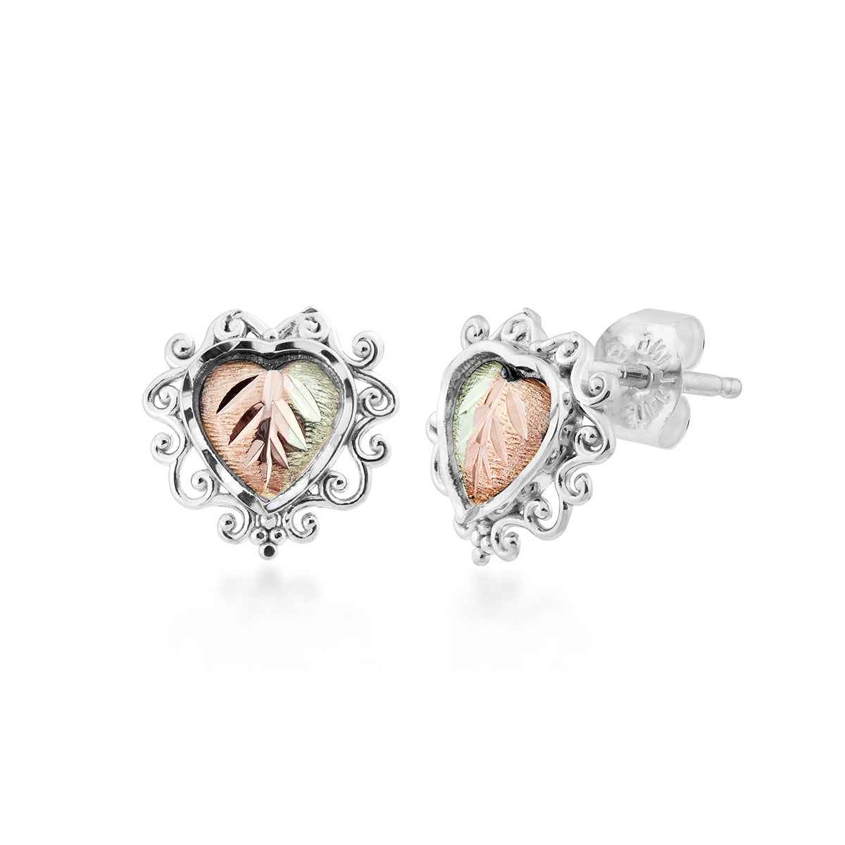 Black Hills Gold Filigree Border Heart Earrings in Sterling Silver