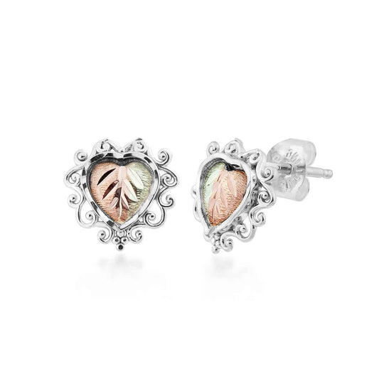 Black Hills Gold Filigree Border Heart Earrings in Sterling Silver
