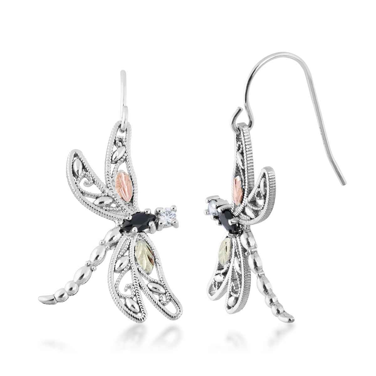 Black Hills Gold Marquise Onyx & Cubic Zirconia Dragonfly Dangle Earrings in Sterling Silver