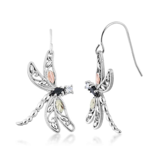 Black Hills Gold Marquise Onyx & Cubic Zirconia Dragonfly Dangle Earrings in Sterling Silver