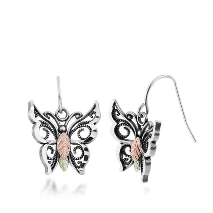 Black Hills Gold Oxidized Butterfly Dangle Earrings in Sterling Silver