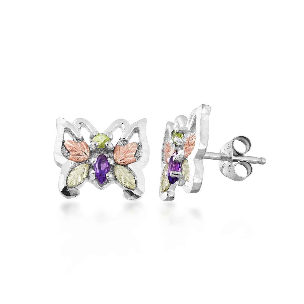 Black Hills Gold Marquise Amethyst & Round Peridot Butterfly Earrings in Sterling Silver