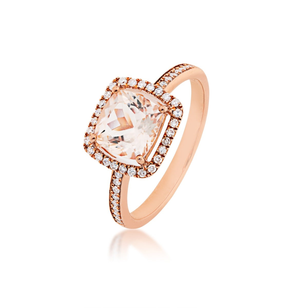 Impulse Collection Cushion Cut Morganite & 1/5 ct. tw. Diamond Halo Ring in 10K Pink Gold front view