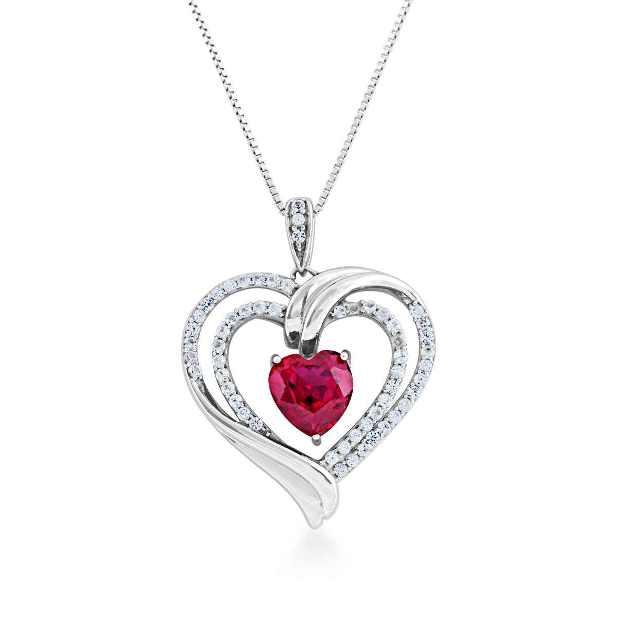 Created Heart-Shaped Ruby and White Sapphire Double-Heart Pendant in Sterling Silver