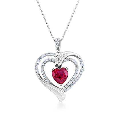 Created Heart-Shaped Ruby and White Sapphire Double-Heart Pendant in Sterling Silver