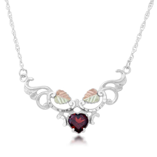 Black Hills Gold Heart Garnet Filigree & Two-Tone Leaf Necklace in Sterling Silver