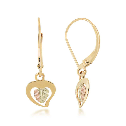 Black Hills Gold Heart & Two-Tone Leaf Dangle Earrings in 10K Yellow Gold