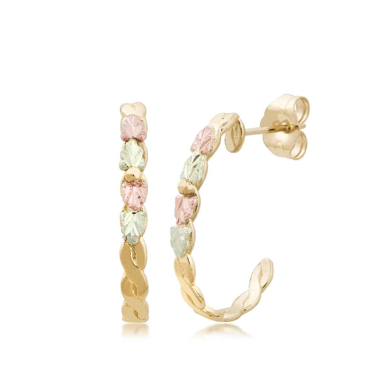 Black Hills Gold Pink & Green Leaf Twist J Hoop Earrings in 10K Yellow Gold