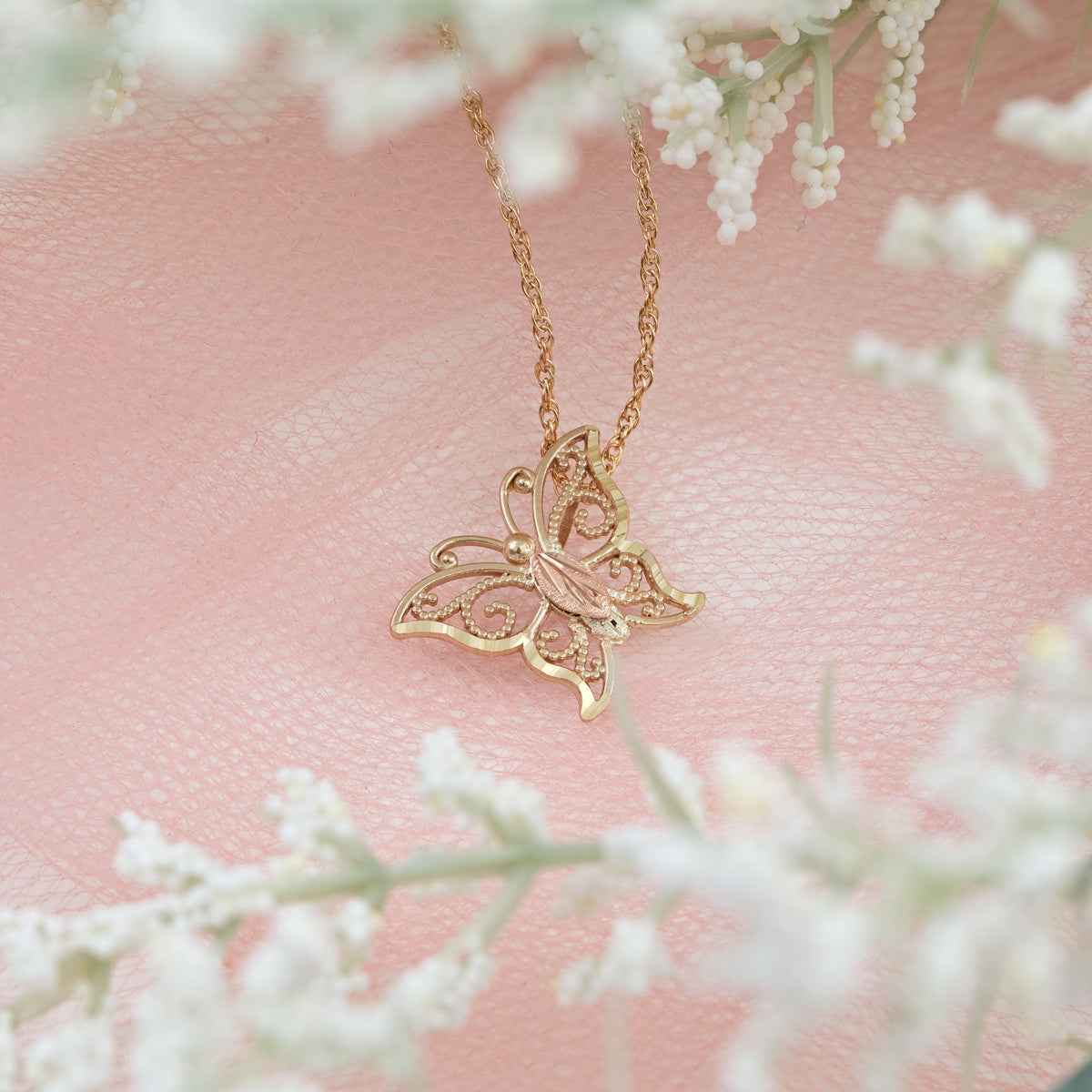 Black Hills Gold Open Milgrain Butterfly Pendant in 10K Yellow Gold front view