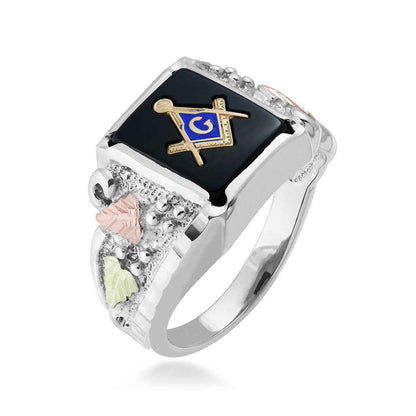 Black Hills Gold Men's Rectangle Onyx Masonic Ring in Sterling Silver front view (2)