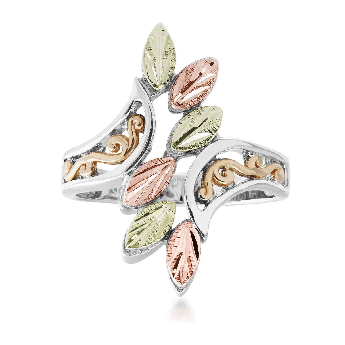 Black Hills Gold Leaf & Filigree Bypass Ring in Sterling Silver & 10K Yellow Gold