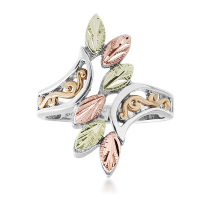 Black Hills Gold Leaf & Filigree Bypass Ring in Sterling Silver & 10K Yellow Gold