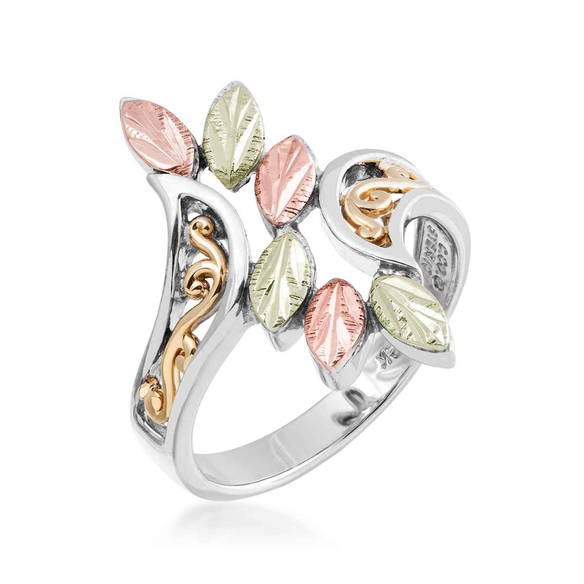 Black Hills Gold Leaf & Filigree Bypass Ring in Sterling Silver & 10K Yellow Gold front view
