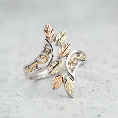 Black Hills Gold Leaf & Filigree Bypass Ring in Sterling Silver & 10K Yellow Gold close-up detail