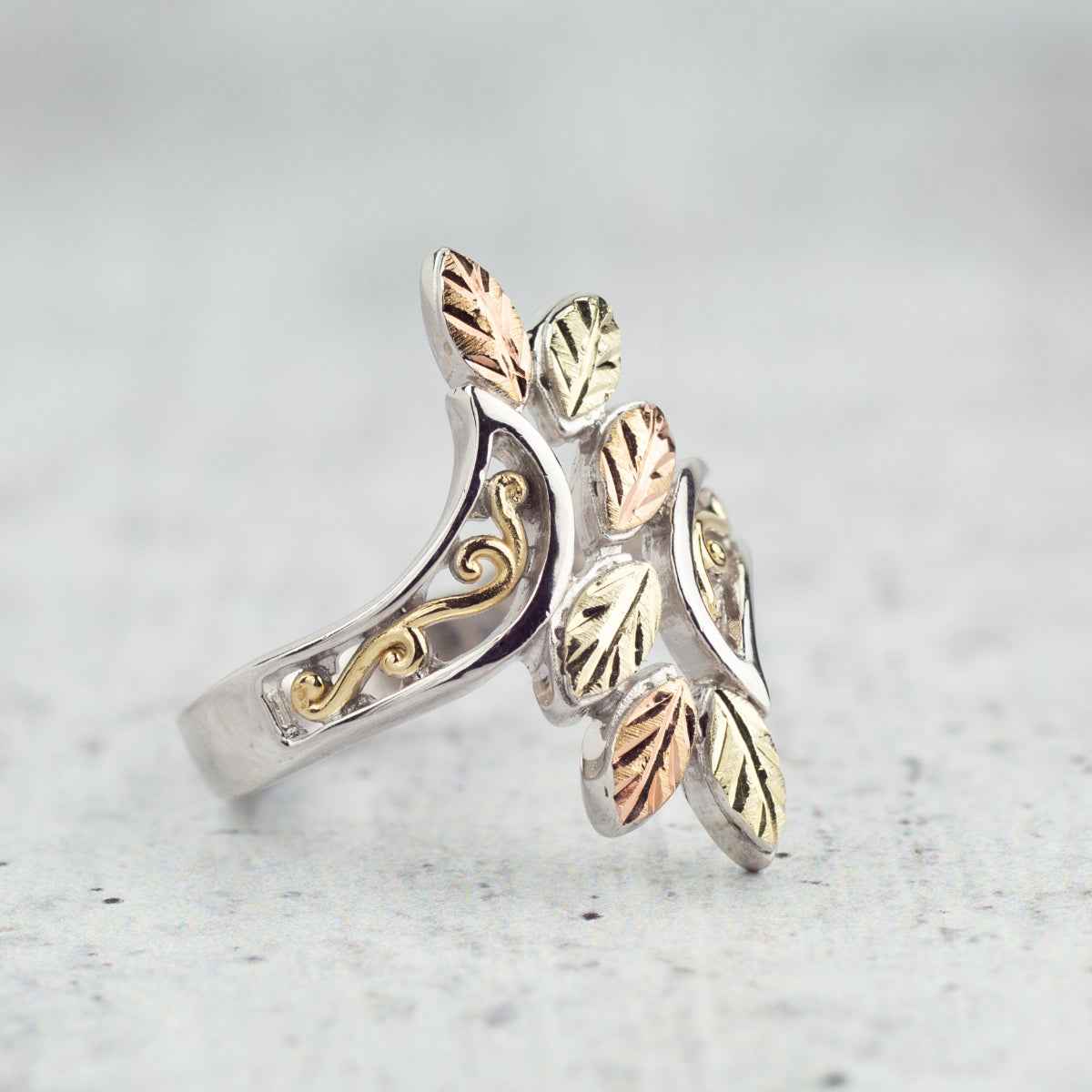 Black Hills Gold Leaf & Filigree Bypass Ring in Sterling Silver & 10K Yellow Gold side profile